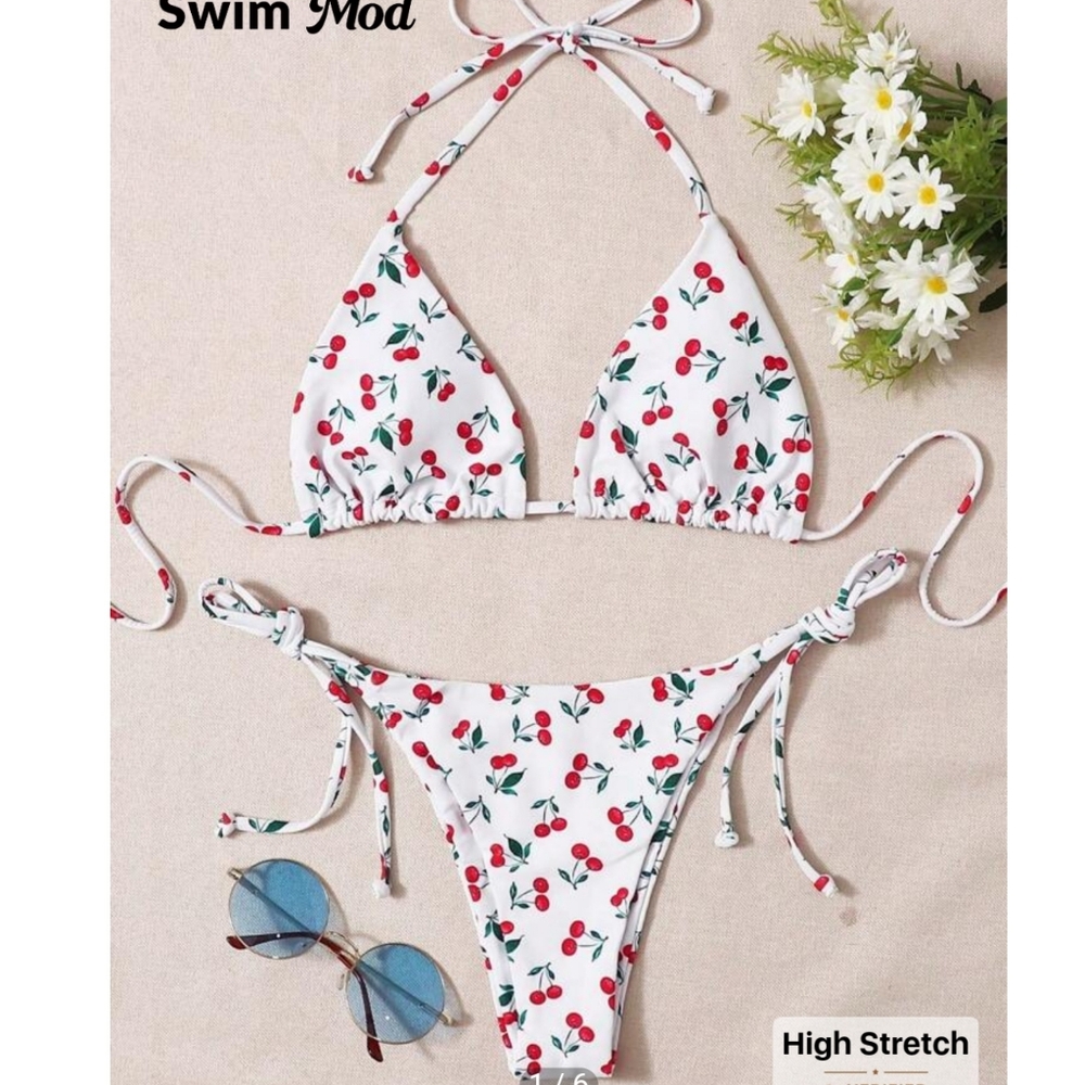 SHEIN Swim Mod Summer Beach Cherry Print Triangle Tie Side Bikini Set